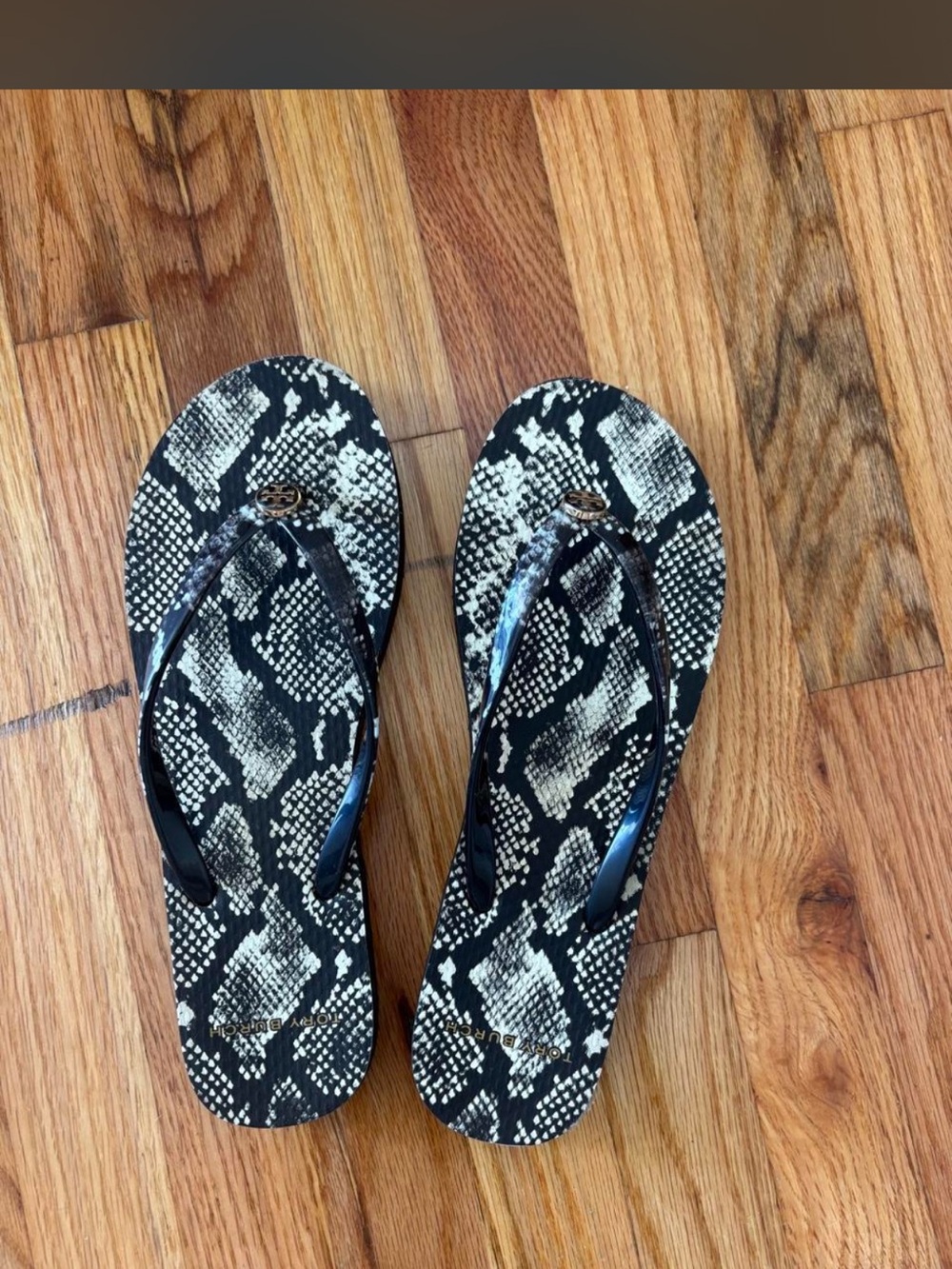 Tory Burch Black and Cream Snake-Print Flip Flops